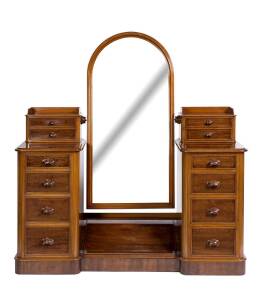 A Victorian mahogany twin pedestal dressing table with cheval mirror. 150cm high, 150cm wide, 50cm deep