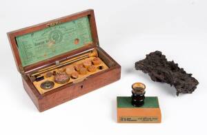 A boxed  antique gas blowpipe set made by J.T. Letcher, Truro, Cornwall, together with a Hawaiian lava sample and an oil sample.