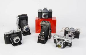 ZEISS (Germany) and VOIGTLANDER (Germany): A group with Zeiss Contaflex I and IV and Nettar (515/16), together with Voigtlander Bessa (1930) 6x9, Bessa I with Color Skopar 105/3.5 and Vitessa L with Color Skopar 50/2.8. (6 cameras)