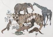 JANE STAPLEFORD (ACTIVE 1970s-90s), Tiger & Animals, mixed media on paper, signed and dated 1975, 49 x 69cm & a framed print,