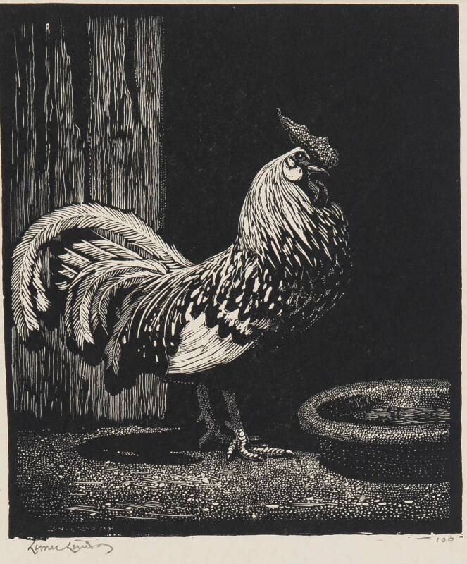 LIONEL ARTHUR LINDSAY (1874-1961): Spangles (Hans Heysen's pet rooster), woodblock ed. 100, signed and editioned to margin, 13 x 11 cm