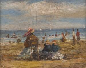 AUSTRALIAN SCHOOL: By the Shore, oil on panel, 6.5 x 8 cm