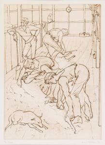 LOUIS KAHAN: Shearing the Lambs 1982 etching, signed dated and editioned to margin, 40 x 29 cm