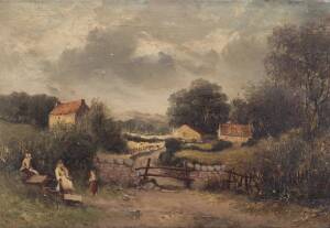 INITIALED J W: By the Village Gate, oil on panel, initialed and dated J W 81 lower left, 25 x 37 cm 