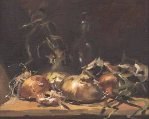 JUDITH WILLS, Still Life with Onions, oil on canvas on board, signed 'JUDITH WILLS' upper right, 27 x 33.5 cm