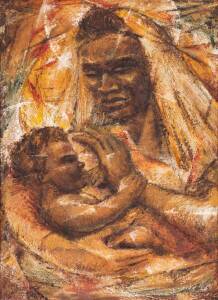 RONALD KIRK, Mother & Child 1956, oil on board, signed and dated 'KIRK 56' lower right, 68 x 49.5 cm 