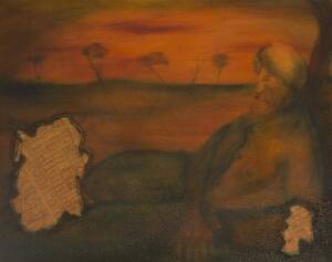 LES WILLIS: The Day that Abdul Astum Died, oil and collage on board, signed 'WILLIS' lower right, 52 x 66.5 cm