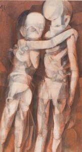 ADAM KRIEGEL: (BORN 1912) Profile, oil on card, signed with monogram "AK" lower right. 20 x 16cm together with a second work, two figures, pencil and wash, signed with monogram "AK' upper left. 42 x 23cm