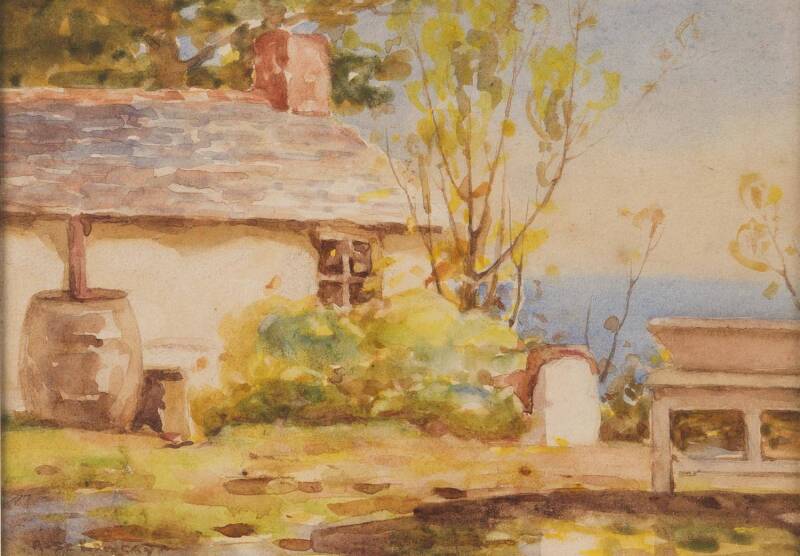 ANNE MONTGOMERY (1908-1991), Landscape, watercolour, signed lower right. 12 x 31cm together with a watercolour by ROSE LOCAY titled Cottage by the Sea. 12.5 x 18cm