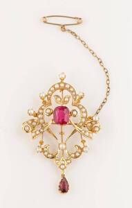 An Edwardian seed pearl, pear shape garnet and red synthetic stone pendant brooch by Willis & Sons, Melbourne, 15 carat yellow gold