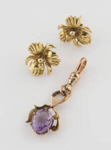 An amethyst pendant and a pair of earrings. 9ct rose and yellow gold. Total weight 6.1 grams. 