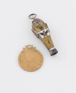 An Egyptian enamelled propelling pencil, to be sold with a five franc coin, circa 1865. Silver and 22ct gold. 