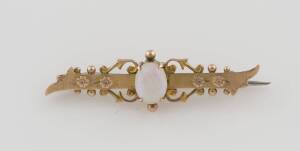 A pearl and blue stone brooch. Circa 1960's. 14ct yellow gold. Weight 11.5 grams. 