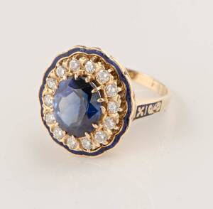 A synthetic sapphire, brilliant cut diamond and blue enamel cluster ring, 14 carat yellow gold