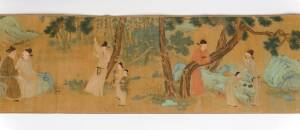 A Chinese painting hand scroll of scholars gathering in the mountains, 19th– 20th Century. 345 x 40cm