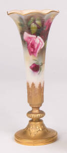 A Royal Worcester tulip vase painted with roses, 1911, model no. 1777, 23 cm high