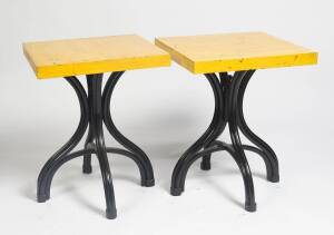 A pair of yellow painted bentwood bistro tables. 75cm high, 60cm, 60cm.