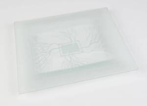 An acid etched glass platter signed & dated "Stone '89" 39cm x 33cm.