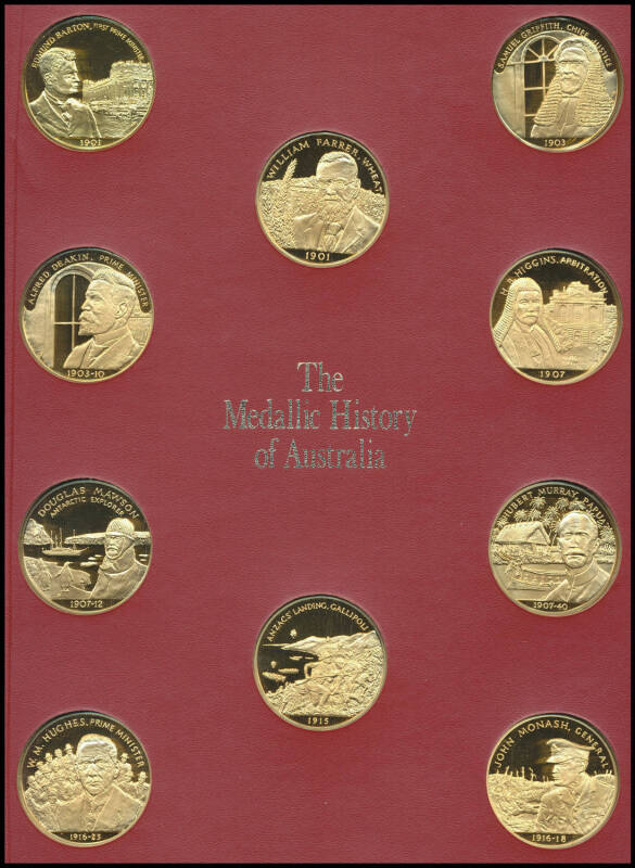 MEDALLIONS: 'THE MEDALLIC HISTORY OF AUSTRALIA' 1972 First edition gold on sterling silver proof set of sixty medals (45mm each weighing 39.5g), designed by James Berry and minted by Stokes, housed in an impressive six-page album. (60)