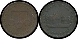 TOKENS: Tasmania 1855 R.Josephs, New Town Toll Gate token Gray #151, VG some rim knocks, and (Undated) William Andrew Jarvey Hobart Town Pawnbroker and General Clothier One Penny token, Gray #147, G. (2)