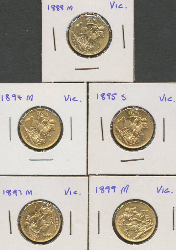 SOVEREIGN: 1888M Jubilee Head, 1894M 1895S 1897M and 1899M Veiled Head, varied condition. (5)