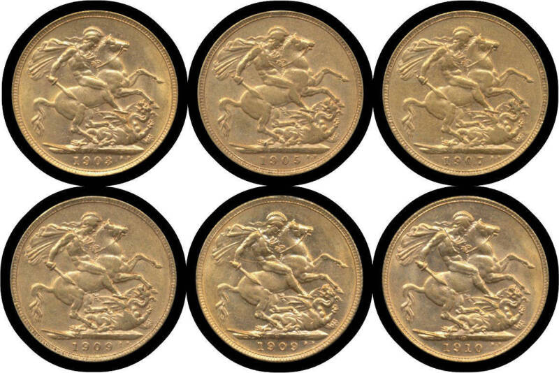 SOVEREIGN: KEVII Perth Mint group with 1903 1905 1907 1909 x2 and 1910, VF to EF. (6)