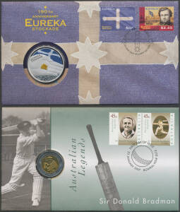 FIVE DOLLARS: 1988-2013 with 1990 ANZAC joint NZ issue, bi-metallic issues include 1996 Bradman x5 plus PNCs x3, Silver Proof 2002-03 Finale Coins, 2004 Eureka PNC, 2007-08 Polar series, 2008 The Don (Bradman), 2011 Remembrance Day Frosted Pad Printed coi