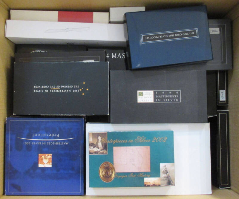 Masterpieces in Silver 1985-93 $10 Proof State Series Collection, 1988 RAM x2, 1989 (5 x 50c) x2, 1990 The Silver Dollars, 1991 25th Anniversary of Decimal Currency, 1992 Royal Ladies, 1993 x2 & 1994 The Explorers, 1995-97 $5 sets, 1998 1999 x2 & 2000 x2