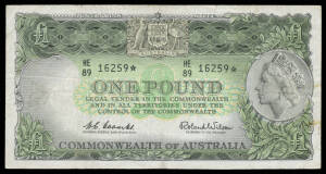 ONE POUND: 1961 £1 Coombs/Wilson Star Note 'HE/89 16259*' with emerald-green reverse McDonald #52s, 2mm tear, light soiling, gF.