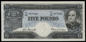 FIVE POUNDS: 1954 £5 Coombs/Wilson Commonwealth Bank First Prefix 'TA00 937405' McDonald #71a, light centre and top right corner crease EF, Cat $1950.