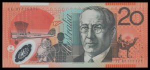 TWENTY DOLLARS: 2007 $20 Stevens/Henry solid serial 'IL 07 777777', Unc.