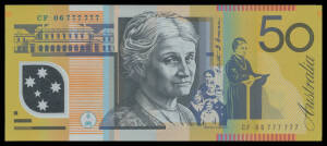 FIFTY DOLLARS: 2006 $50 Macfarlane/Henry solid serial 'CF06 777777', Unc.