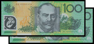 ONE HUNDRED DOLLARS: 1996 $100 Test Notes McDonald #701bT consecutive pair, prefix 'BX 96' Unc, Cat $1800. (2)