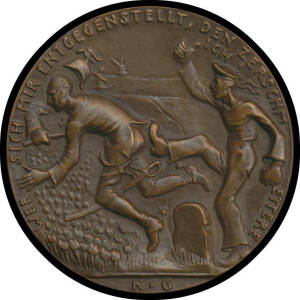 GERMANY: Satirical bronze medallion by Karl Goetz 59mm 61.1g, with German sailor kicking Kaiser Wilhelm across the Dutch border on the obverse and oak tree stripped of leaves, two blowing storm clouds with date 9.NOVEMBER/1918 on the reverse, aUnc.