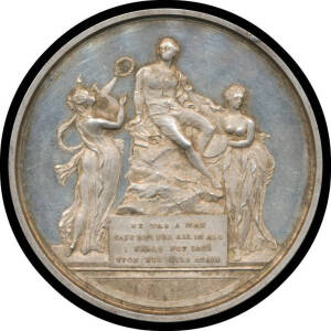 GREAT BRITAIN: 1803 Shakespeare Medal in silver, obverse with Shakespeare seated on a rock flanked by the Dramatic Muse and the Genius of Painting, the base of the rock is inscribed and reverse with Harp and Olive Branch on scroll within rays above inscri