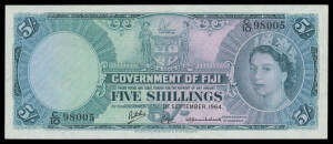 FIJI: Selection with 1942 1d, 1957-65 5/- x2 Pick #51d, 10/- #52b & 52d, £1 #51h then decimal QEII to $20, condition varied. (11)