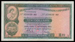 HONG KONG: Selection with 1936 & 1940 $1, 1962 $10 Chartered Bank, 1967 $5 HSBC, $10 x3 with different signatures, 1969 $50, 1986 $100 Chartered and $100 HSBC, condition varied. (10)