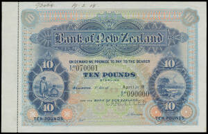 NEW ZEALAND: 1918 Bank of New Zealand £10 printer's proof blue and multicoloured record note (203 x 133mm) dated Wellington 1st April 1918 Pick #S229s with serials #070001/090000, the obverse with Maoris at left and kiwi birds, canoe and erupting volcano 