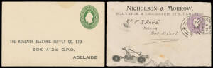 Postal Stationery from Australia including STO Postal Card for Adelaide Electric Supply Co unused, a couple of scenic Postal Cards & Letter Cards including 1d Fullface "BUSH HUT/VIC" VFU, useful Registration Envelopes including KGVI 5d commercially used t