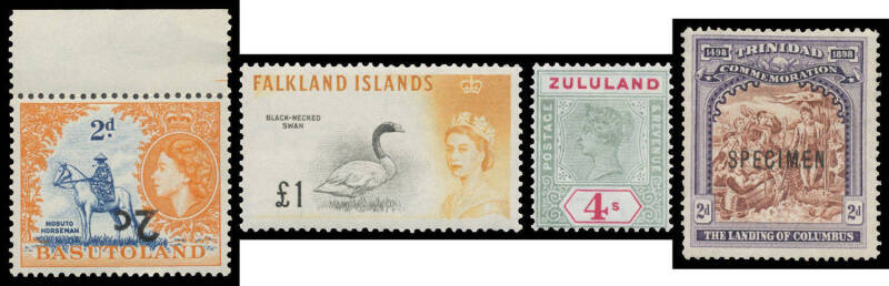 Small stockbook with a quality British Empire selection including Australia Victoria Centenary Perf 11½ 1/- and 75c & $1 Navigators with 15½mm 'SPECIMEN' Overprint, Basutoland '2c' on 2d with the Surcharge Inverted, Falklands 1960 Birds set, Hong Kong KG