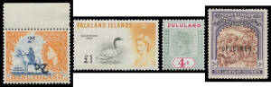 Small stockbook with a quality British Empire selection including Australia Victoria Centenary Perf 11½ 1/- and 75c & $1 Navigators with 15½mm 'SPECIMEN' Overprint, Basutoland '2c' on 2d with the Surcharge Inverted, Falklands 1960 Birds set, Hong Kong KG