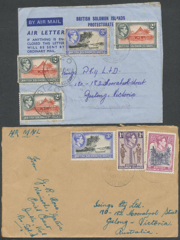 Box of covers mostly to firms in Geelong with lots of 1940s-1950s internal airmails many with advertising, bundle of airmail covers from GB, also a batch of covers from the Solomons including a very scarce formular aerogramme from the Adventist Mission at