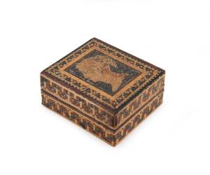 TUNBRIDGE WARE: desk box 3½x4x2cm with the mosaic including a "Penny Black" profile on the snugly-fitting lid, minor blemishes to the lacquered surface. [Tunbridge ware is a form of decoratively inlaid - mosaic - & lacquered woodwork produced at Tonbridge