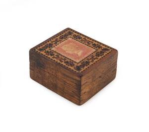 TUNBRIDGE WARE: small box 4x4x2½cm with "Penny Red" - perfs trimmed-off - beneath the lacquer on the snugly-fitting lid.