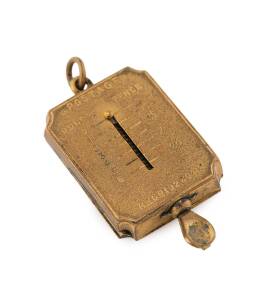 BRASS WARE: c.1888 box 2¼x2x¾x½cm incorporating a tiny spring-loaded letter scale with weight/rate information on the face. Very scarce & unusual.