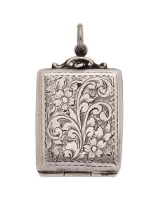 SILVER WARE: c.1914 Albert & Jones (Birmingham) locket-style stamp case 3x2½x½cm with different engraved patterns on face & reverse, hallmarks within, with a small ring for attaching to a fob-chain.