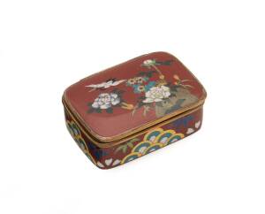 CLOISONNE WARE: cloisonné desk box 6½x4½x2cm with elaborate stork & flowers designs on burgundy fields on the hinged lid and all four sides, two compartments.