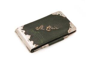 OTHER ITEMS: 1948 Albert Barker of 5 New Bond Street (London) spring-loaded green leather wallet 9x5½x1cm with four internal compartments and a tiny propelling pencil (no lead), silver hinge and corners with six sets of hallmarks (!), 'St Clair' in wire o