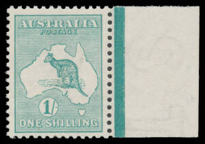 30C 1/- blue-green BW #30C marginal example from the right of the sheet, rich shade, faint bend at the base, unmounted, Cat $1500. Ex Arthur Gray: from the lower-right of his block of 4 (weep!).