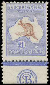 51zb £1 brown & blue 'JBC' Monogram single BW #51zb, the monogram slightly trimmed at the base (as usual), two pulled perfs at left, Cat $90,000. [The ACSC states that only two mint singles - & a strip of 3 in the Royal Collection - have been recorded. Th